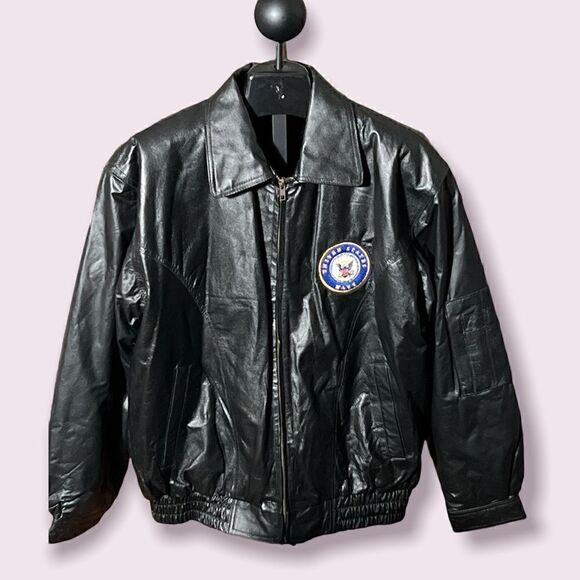 JWM Black Leather Navy Mens Jacket - Picture 1 of 2
